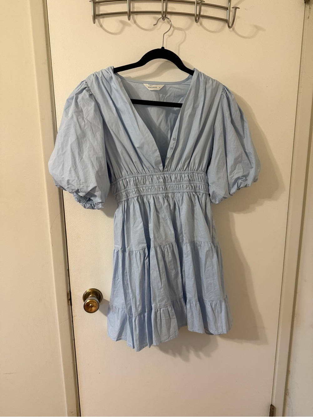 Light Blue Puff Sleeve V-Neck Tiered Dress